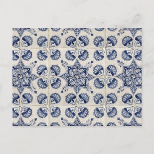 Postal Festiva Patrón de flor geométrica azul vintage