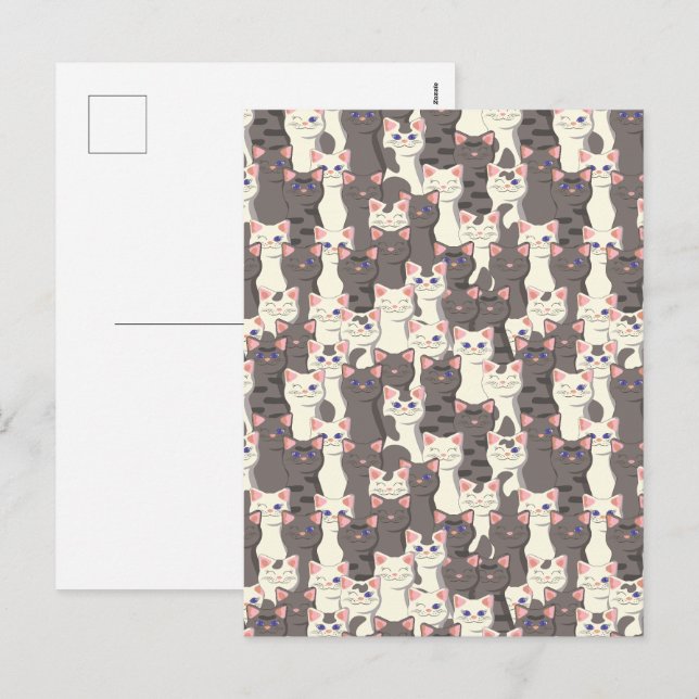 Postal Festiva Patrón de gatos blancos y grises (Anverso / Reverso)
