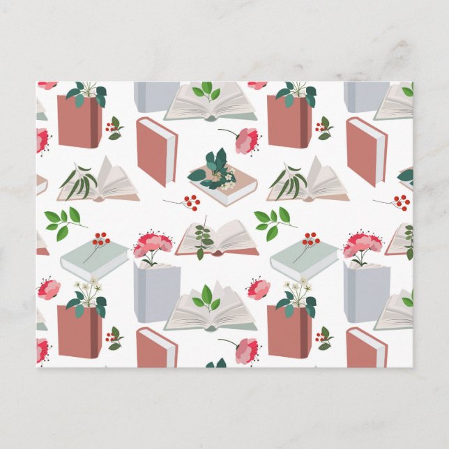 Postal Festiva Patrón de lectura de libros botánicos y biblioteca (Anverso)