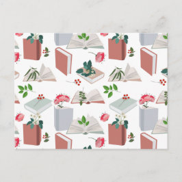 Postal Festiva Patrón de lectura de libros y biblioteca botánicos