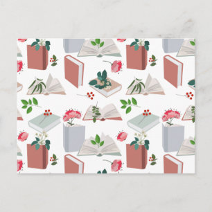 Postal Festiva Patrón de lectura de libros y biblioteca botánicos