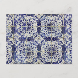 Postal Festiva Patrón de mosaico blanco azul geométrico vintage