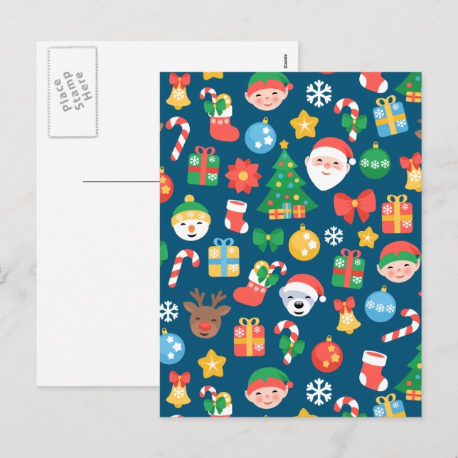 Postal Festiva Patrón de Navidades alegres en azul (Anverso / Reverso)