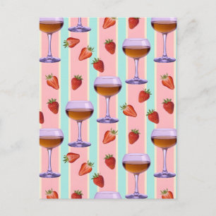Postal Festiva Patrón de pastel con copas de vino y fresas