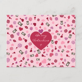 Postal Festiva Patrón de San Valentín con osos, rosas y corazones