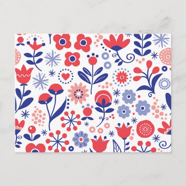 Postal Festiva Patrón floral azul y coral (Anverso)