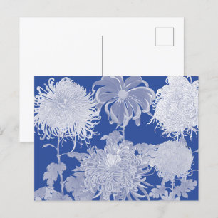 Postal Festiva Patrón floral Chinoiserie de color blanco azul