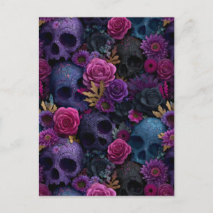 Postal Festiva Patrón floral de cráneo gótico oscuro sin costuras