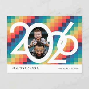 Postal Festiva Patrón retro cuadrado foto de Año Nuevo 2026