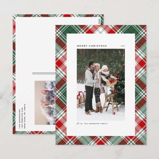 Postal Festiva Patrón verde clásico de plaquetas Feliz foto navid (Anverso / Reverso)