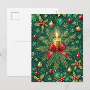 Postal Festiva Patrón Verde Flor de Poinsettia de Vela Dorada