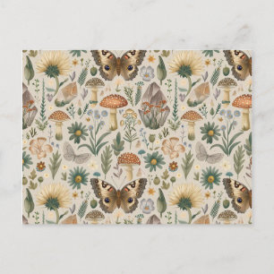Postal Festiva Patrón vintage de hongos y mariposas