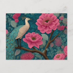 Postal Festiva Patrón violento de pavo real y floral rosa