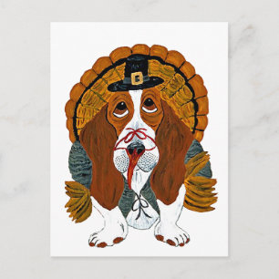 Postal Festiva Pavo de Acción de Gracias Basset Hound