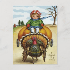 Postal Festiva Pavo de Acción de Gracias Niño Montando Calabaza