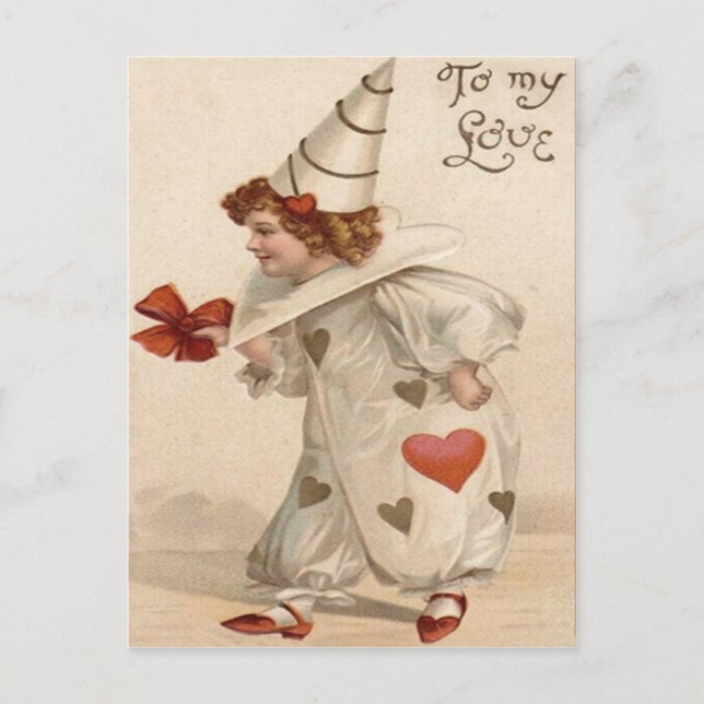Postal Festiva Payaso Arlequín Corazón San Valentín (Anverso)