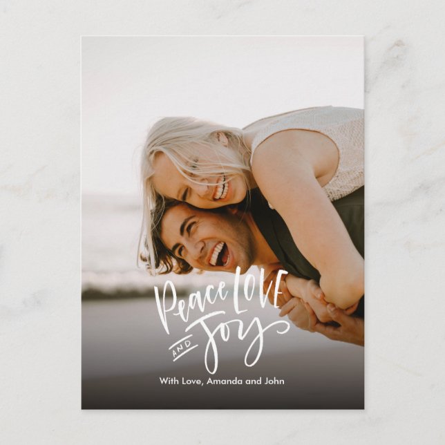 Postal Festiva Paz amor Alegría | Foto completa Letra moderna a m (Anverso)