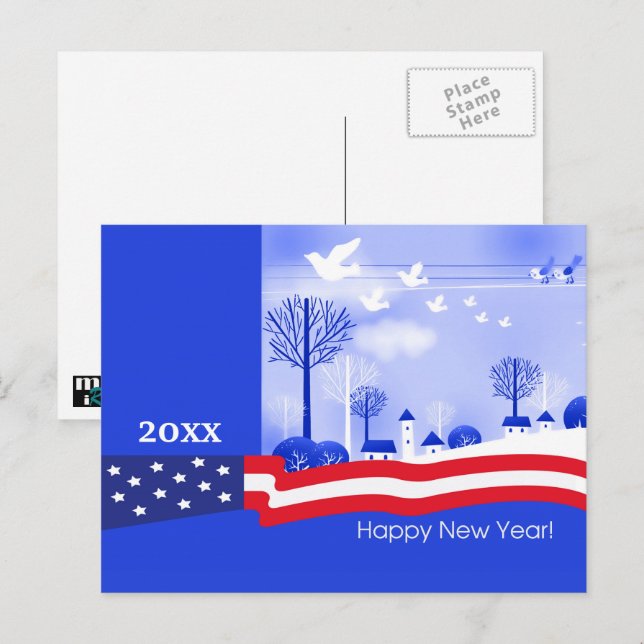 Postal Festiva Paz en la Tierra. Año Nuevo Patriótico Año persona (Anverso / Reverso)