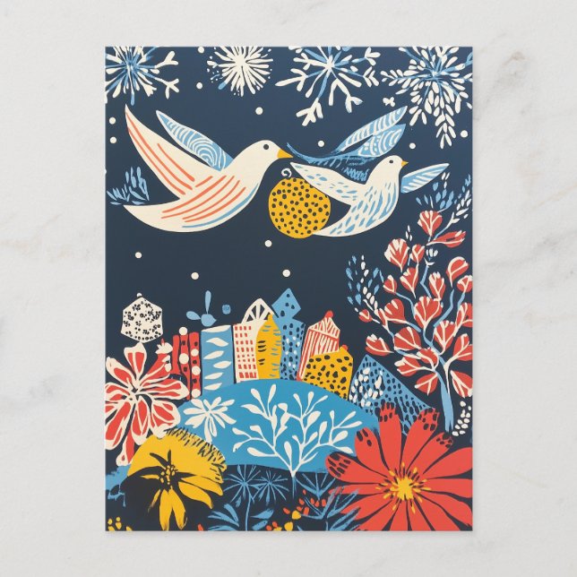 Postal Festiva Paz en la Tierra, pájaros festivos naturaleza enca (Anverso)