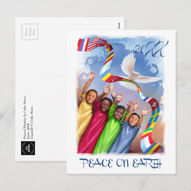 Postal Festiva Paz en la Tierra. Personalizado infantil multicult (Anverso / Reverso)