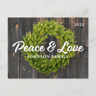 Postal Festiva Paz y amor País Rústico Pino Wreath Madera