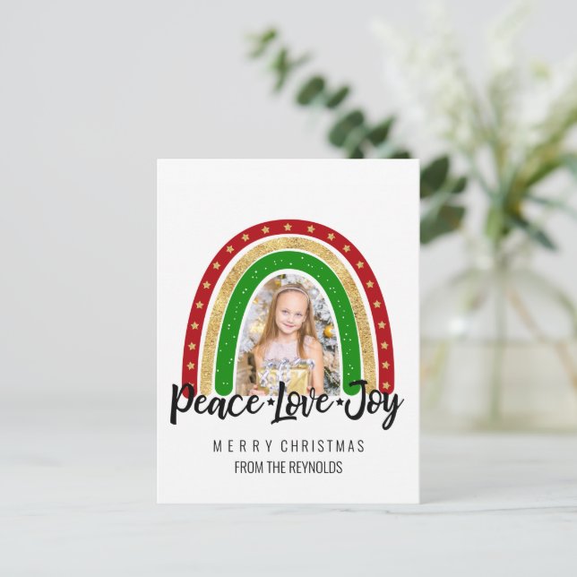 Postal Festiva Peace Love Joy Merry Christmas Rainbow Photo (Anverso de pie)