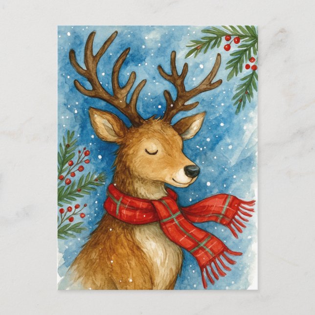 Postal Festiva Peaceful Reindeer Red Scarf Christmas Postcard (Anverso)