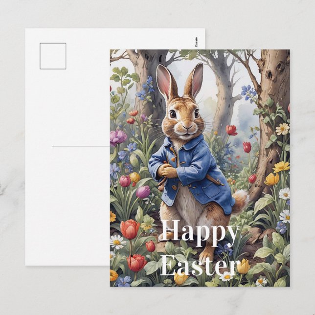 Postal Festiva Pedro Conejo de Pascua Feliz Pascua (Anverso / Reverso)