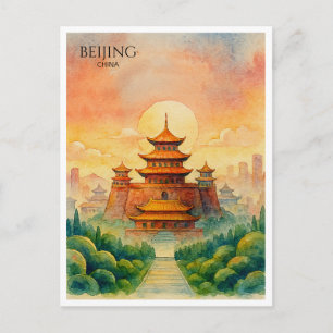 Postal Festiva Pekín China Ciudad Prohibida Acuarela