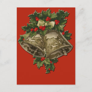 Postal Festiva Peligros navidades y Holly sobre fondo escarlata