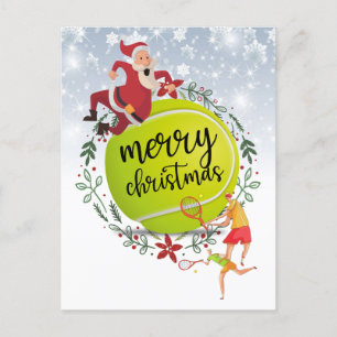 Postal Festiva Pelota de tenis detrás de Santa Claus Feliz Navida