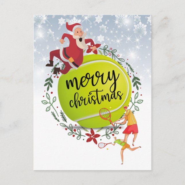 Postal Festiva Pelota de tenis detrás de Santa Claus Feliz Navida (Anverso)