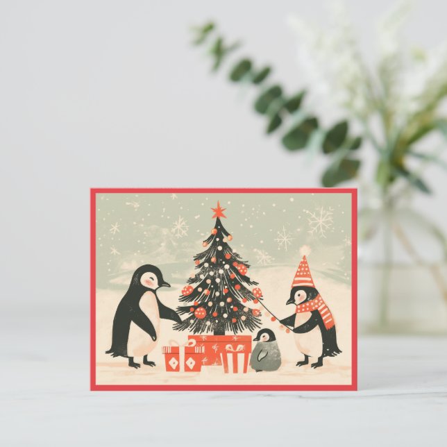 Postal Festiva Penguin Family Decorating Christmas Tree (Anverso de pie)