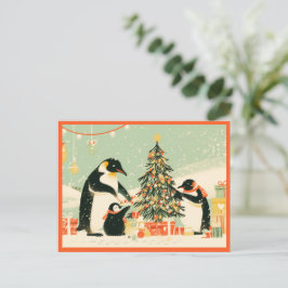 Postal Festiva Penguin Family Decorating Christmas Tree Postcard