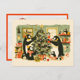 Postal Festiva Penguin Family Decorating Christmas Tree Postcard