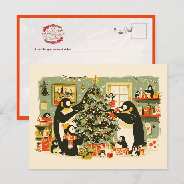 Postal Festiva Penguin Family Decorating Christmas Tree Postcard (Anverso / Reverso)