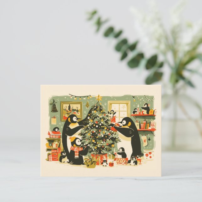 Postal Festiva Penguin Family Decorating Christmas Tree Postcard (Anverso de pie)