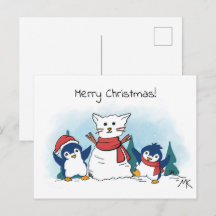 Penguins building a snowman christmas