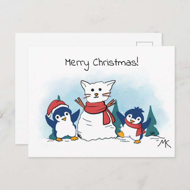 Postal Festiva Penguins building a snowman christmas  (Anverso / Reverso)