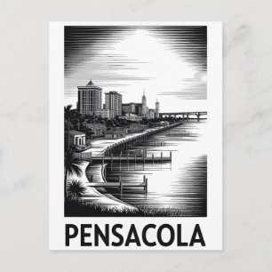 Postal Festiva Pensacola Florida Silueta Urbana Grabado en Madera