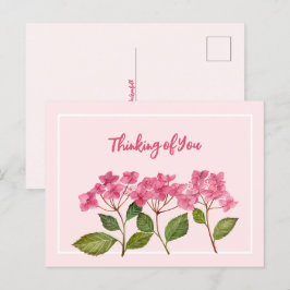 Postal Festiva Pensando en ti acuarela rosa Hydrangea Lacecaps