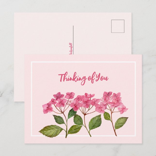 Postal Festiva Pensando en ti acuarela rosa Hydrangea Lacecaps (Anverso / Reverso)