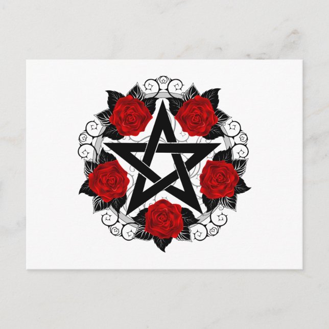 Postal Festiva Pentagram con rosas rojas (Anverso)