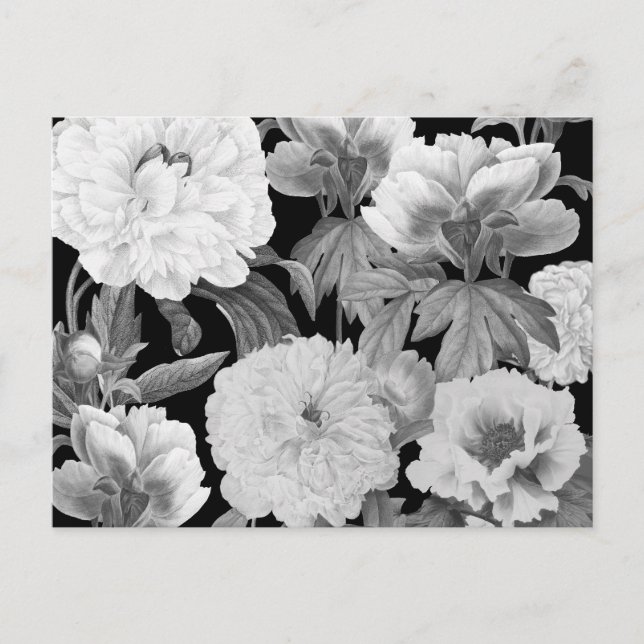 Postal Festiva Peonías en blanco y negro con flores de acuarela (Anverso)
