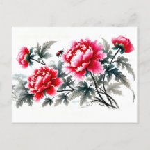 Peonies en pinturas de tinta de Asia roja
