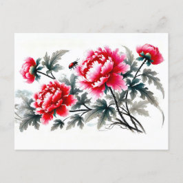 Postal Festiva Peonies en pinturas de tinta de Asia roja