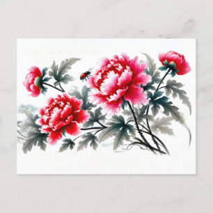 Postal Festiva Peonies en pinturas de tinta de Asia roja