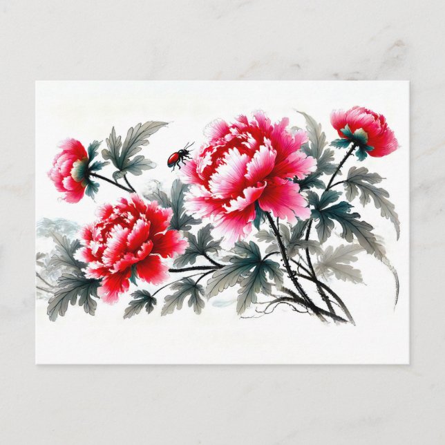 Postal Festiva Peonies en pinturas de tinta de Asia roja (Anverso)