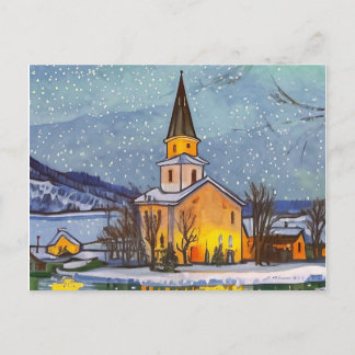 Postal Festiva Pequeña iglesia del pueblo en invierno