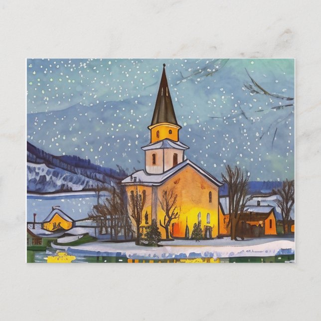 Postal Festiva Pequeña iglesia del pueblo en invierno (Anverso)